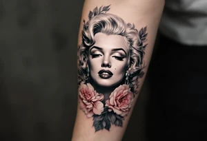 A romantic Marilyn Monroe portrait in soft grayscale, framed by delicate pink peonies and silver filigree. tattoo idea