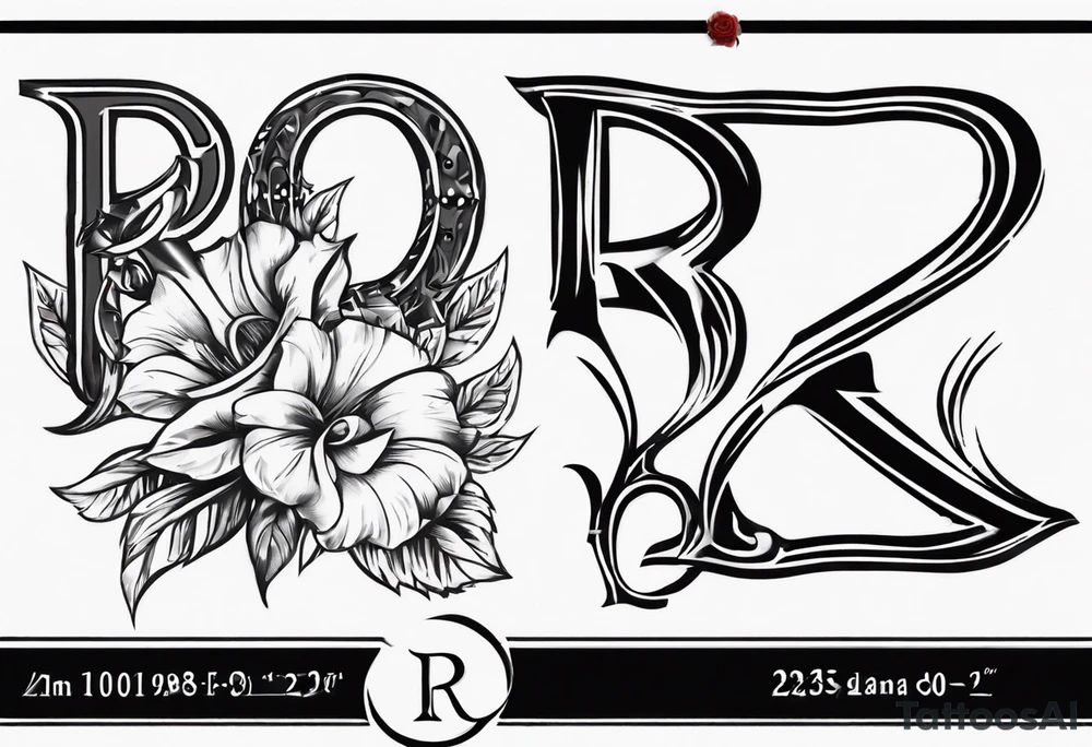Letter R with date 09.01.23 and time 10:39AM tattoo idea