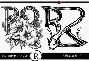 Letter R with date 09.01.23 and time 10:39AM tattoo idea