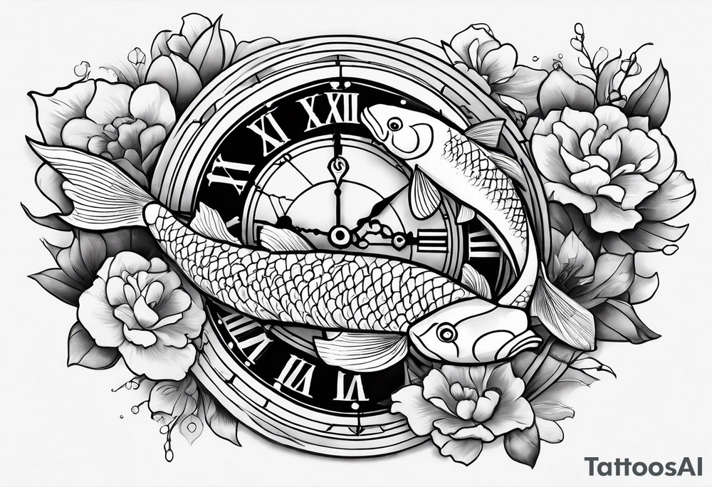 Koi fish and old clock tattoo idea