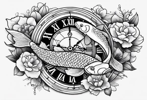 Koi fish and old clock tattoo idea