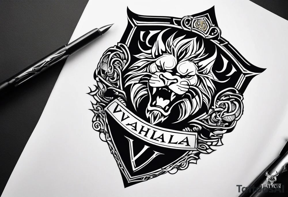 Valhalla sword shield dragon lion tattoo idea