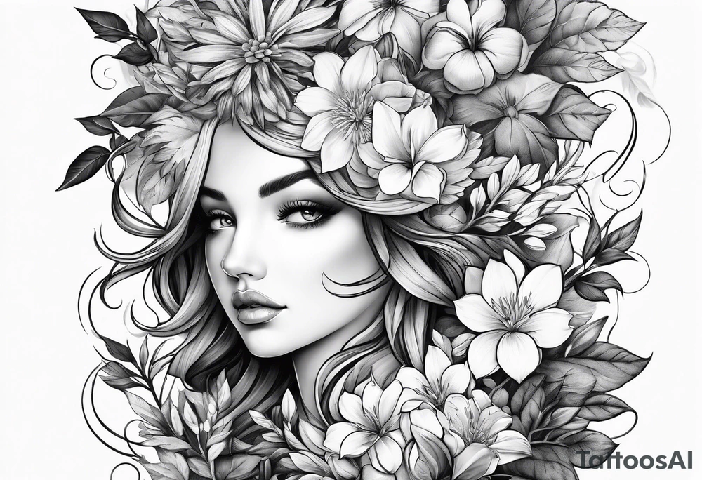 Nature sleeve with flowers leaves and trees tattoo idea