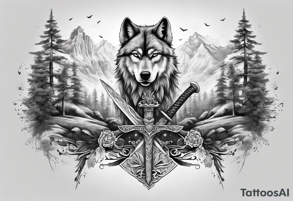 Create a vision of arm tattoo sleeve with combination of sword, crown, tree and three wolves to represent clients family roots tattoo idea