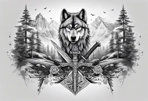 Create a vision of arm tattoo sleeve with combination of sword, crown, tree and three wolves to represent clients family roots tattoo idea