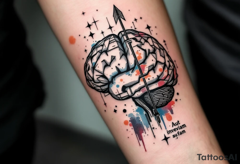 A front-seen brain in geometric and straight lines, with few watercolor details but mostly black, symbols representing intelligence flying arround, the phrase "Aut inveniam viam aut faciam" and a detailed arrow crossing from above with watercolors leaking from its tip tattoo idea