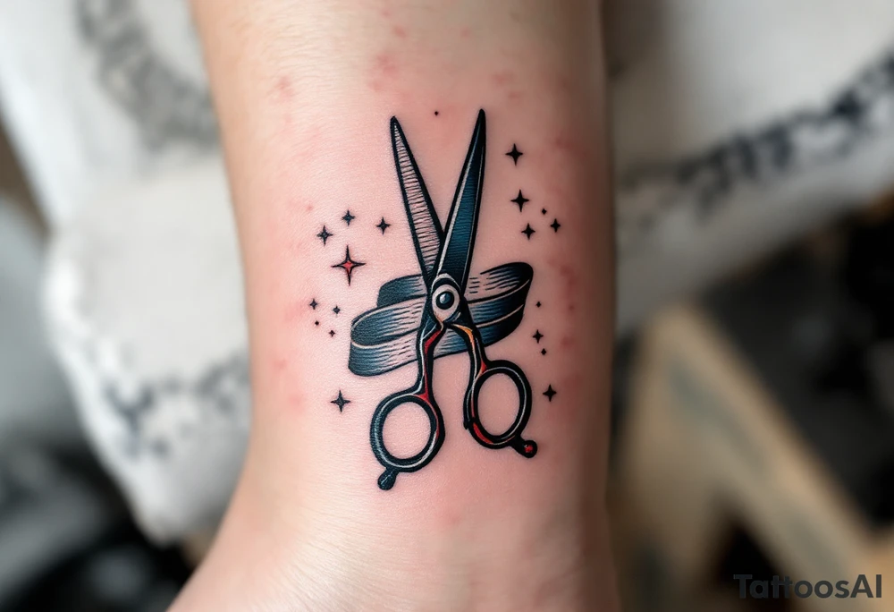 Sailor Scissors Tattoo – Scissors styled in a traditional sailor tattoo design with bold black lines and a touch of red or blue to make it pop, featuring waves and stars around them for a nautical theme. tattoo idea