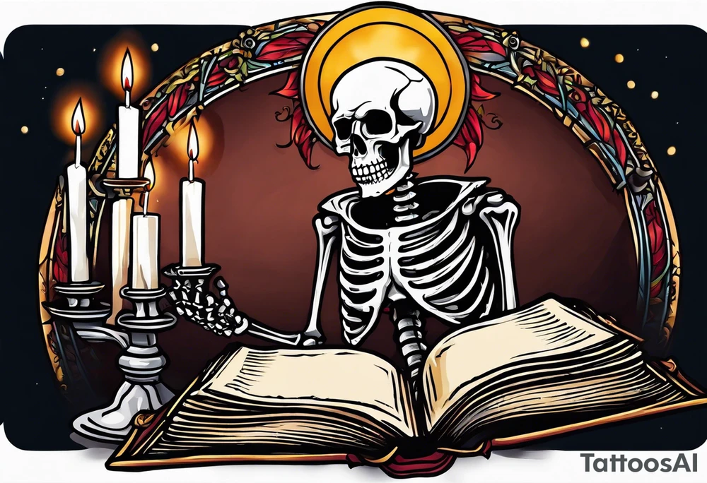 skeleton reading a holy bible by candle light tattoo idea