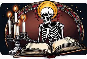 skeleton reading a holy bible by candle light tattoo idea
