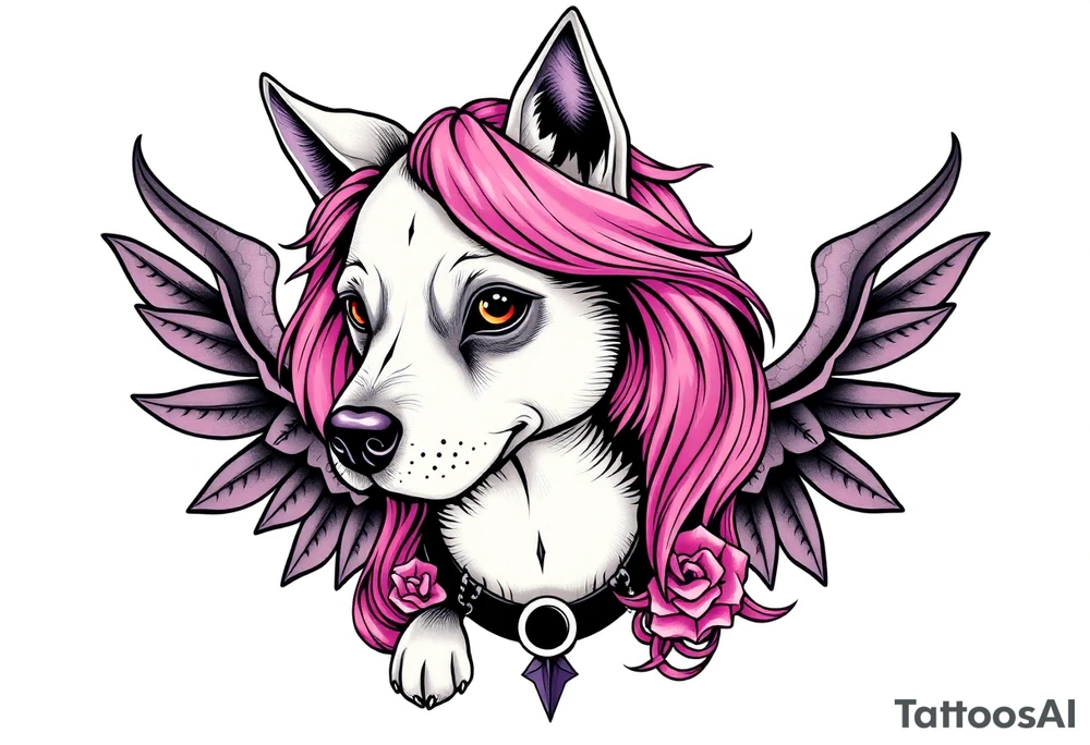 goth hot puppy girl with big boobs and pink hair full body half human half dog tattoo idea