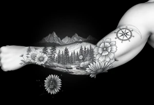 full arm black and white tattoo realistic nature landscape majestic river flowing down bright mountains trees, daisies, chrysanthemums a real bee on one flower a large compass on the forearm tattoo idea