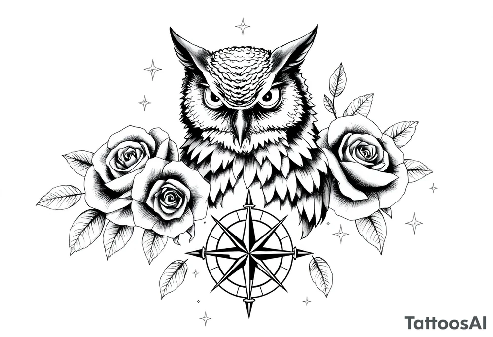 an owl,compass,roses,stars. tattoo idea