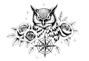 an owl,compass,roses,stars. tattoo idea
