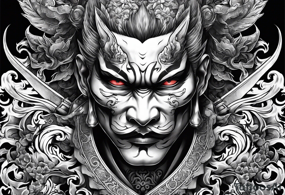 Asian tattoo back design yakuza demon zombie warrior swords tattoo idea