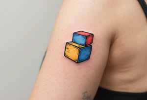 Jakoubek styled as wooden toy blocks, colored in primary red, yellow, and blue. tattoo idea