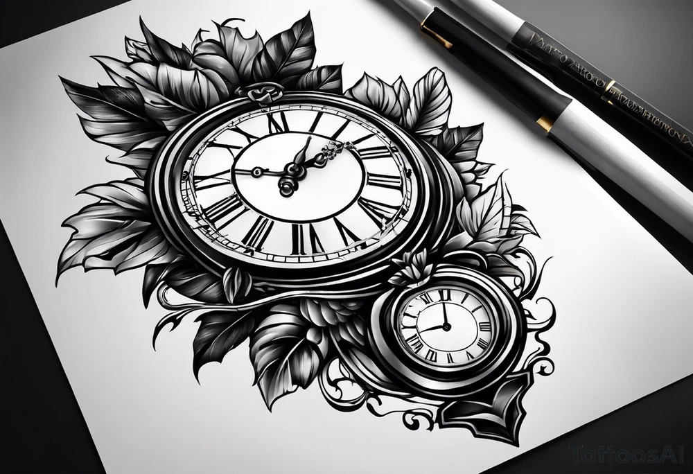 Draw me a tattoo located on the shoulder and upper arm of a man. The tattoo represents a clock and  an hourglass with Roman numerals in the background. It is a symbol of the passing of time. tattoo idea