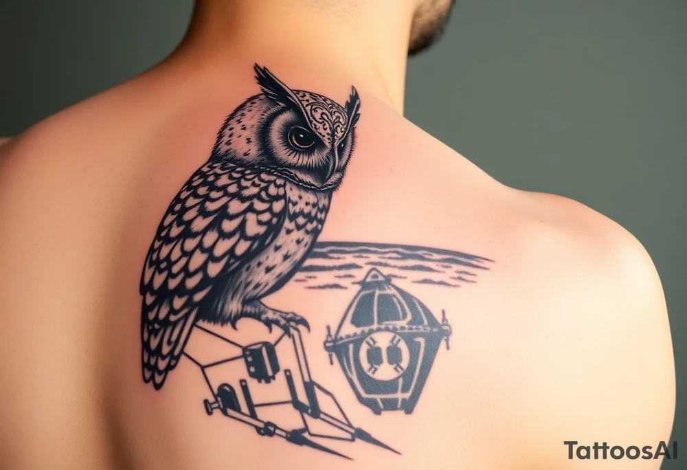 Real-life image of a Masked owl overlooking the Death Star trench with waves from a beach in the background. The tattoo will be for the left shoulder tattoo idea