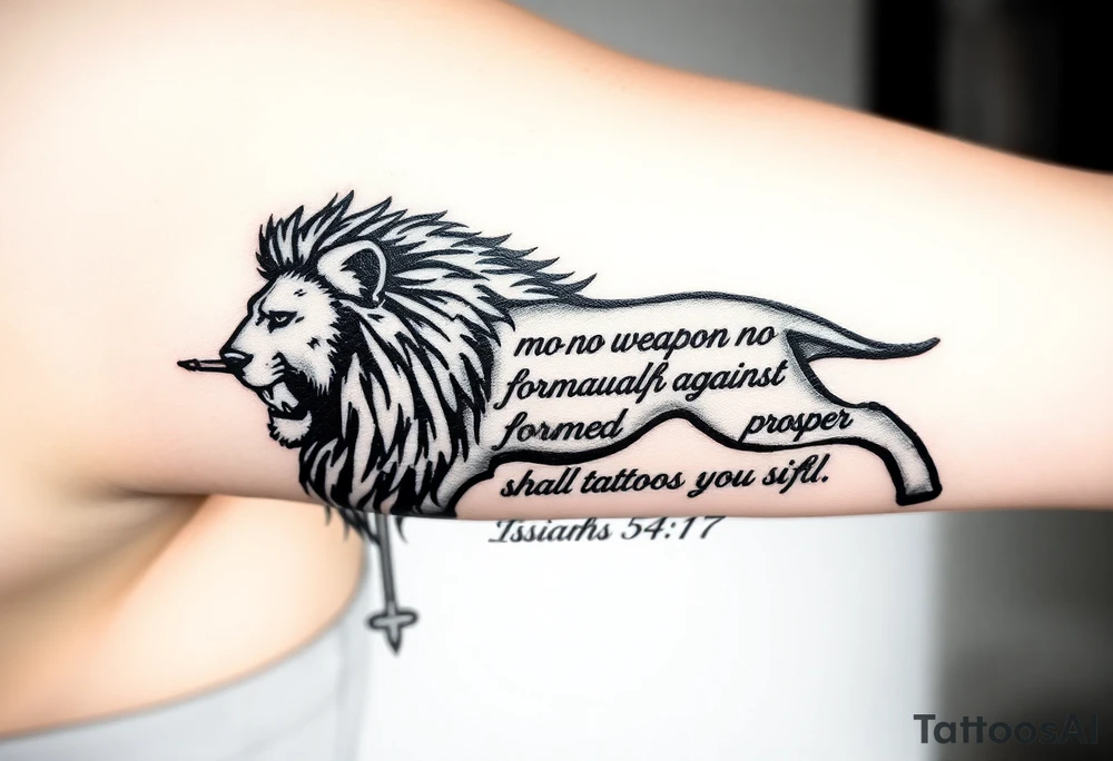 A image that depicts, Isaiah 54:17, no weapon formed against me shall prosper. That will also blend with my forearm tattoo of Jesus, the cross and a lion. tattoo idea