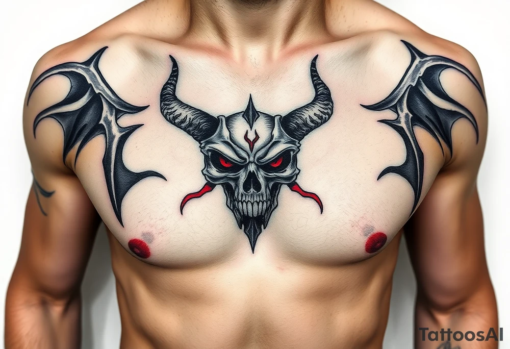 Demon skull black and red on left chest male tattoo idea