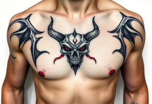 Demon skull black and red on left chest male tattoo idea