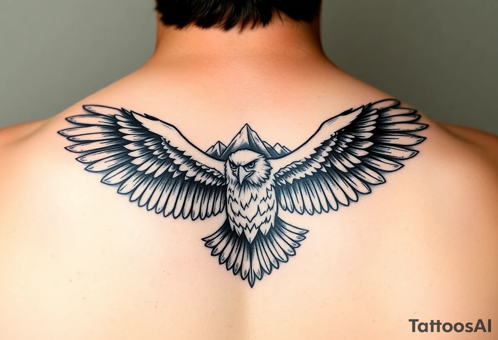 majestic eagle spreading wings against mountain peaks tattoo idea