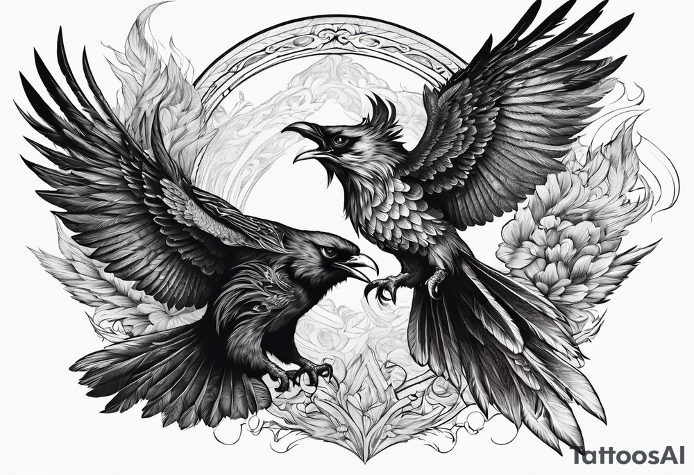 Pheonix and raven fighting with owl flying in at them tattoo idea