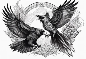 Pheonix and raven fighting with owl flying in at them tattoo idea