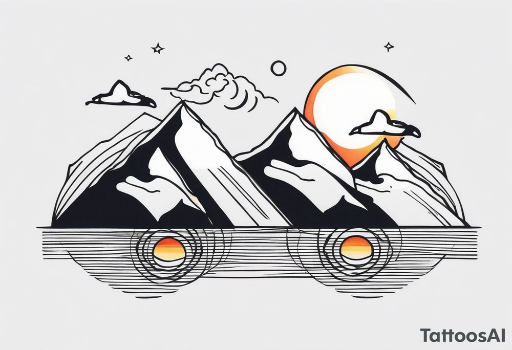 I want to 2 different tattoo design, but they will be in a matching style.
First tattoo will be mountains with a sunrise.
second tattoo will be sea with sunset. tattoo idea