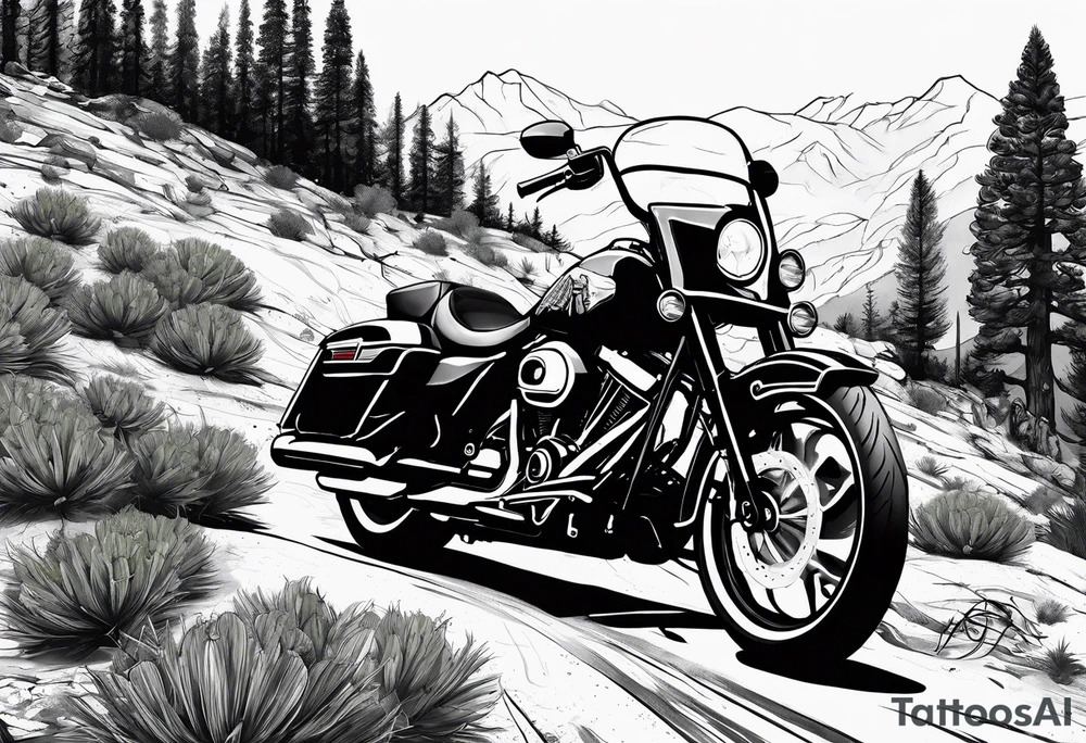 Sleeve tattoo
With 
Arizona flag 
Lion
Street glide Harley motorcycle 
Winding rode with cactus on one side and pine trees on the other 
Mountain 
Vanitas tattoo idea