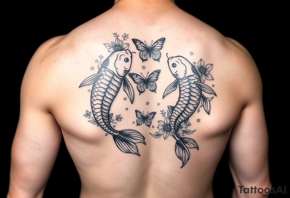 Two koi fish wrap around wrist tattoo with flowers and butterfly tattoo idea