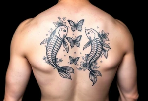 Two koi fish wrap around wrist tattoo with flowers and butterfly tattoo idea