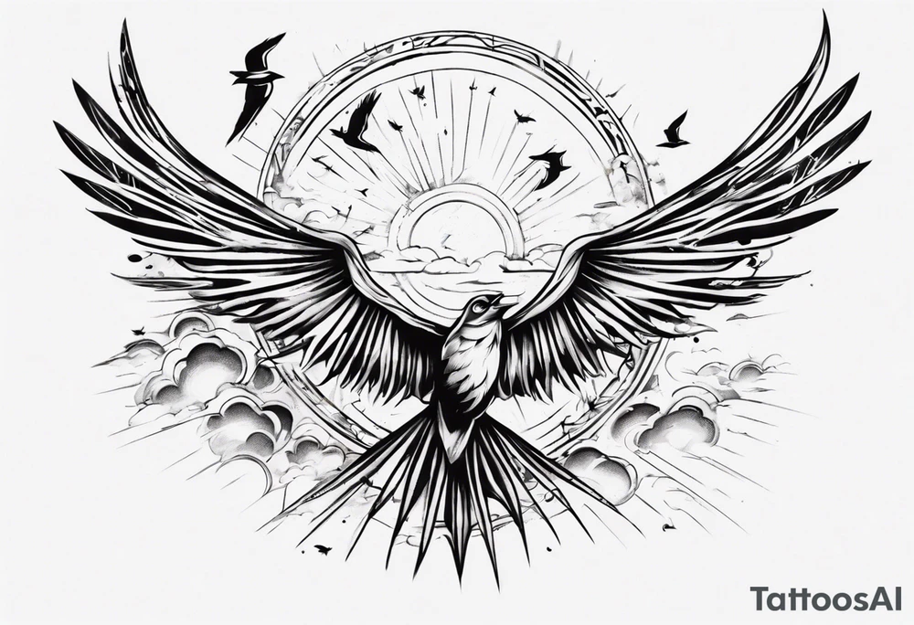 a shoulder tattoo with rays of light, clouds and birds flying free tattoo idea
