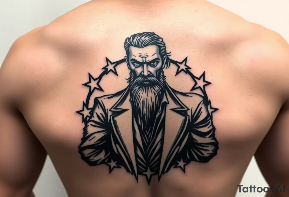 powerful black long man with stars around tattoo idea