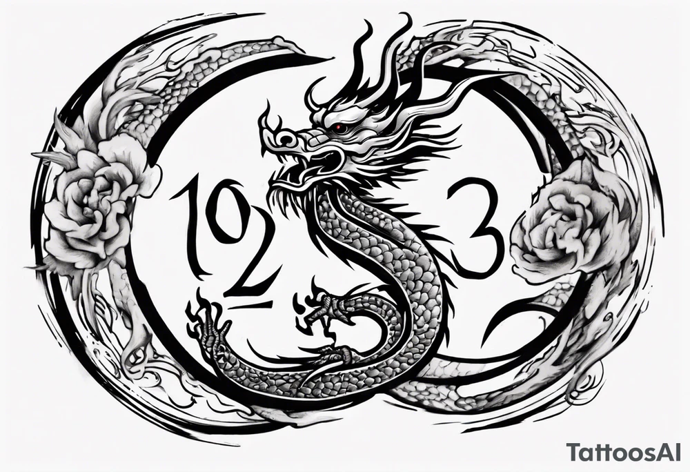 Chinese dragon in a circular shape with "02.03" written on it tattoo idea