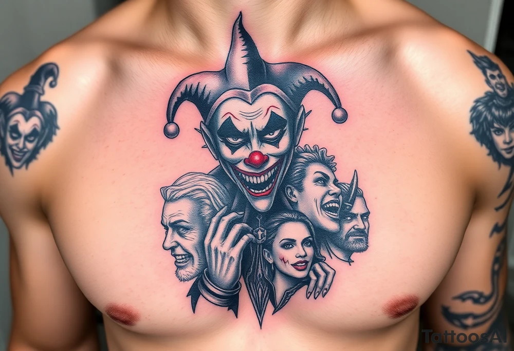 jester collage of emotions tattoo idea