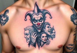 jester collage of emotions tattoo idea