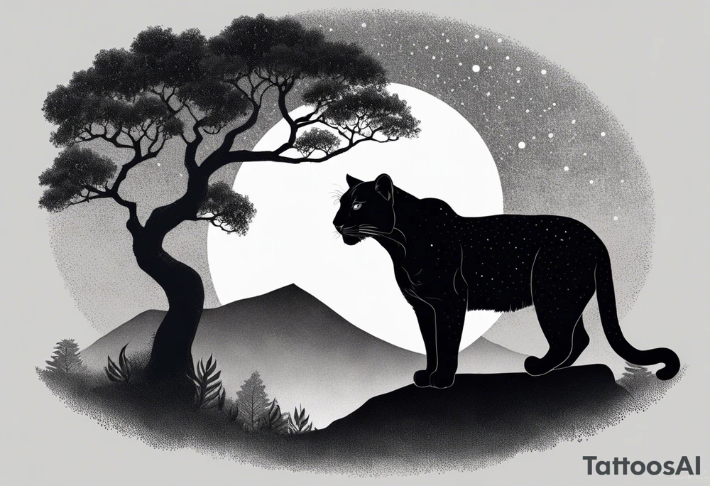 panther and a tree landscape moon tattoo idea