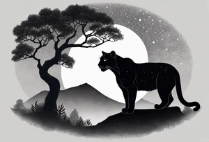 panther and a tree landscape moon tattoo idea