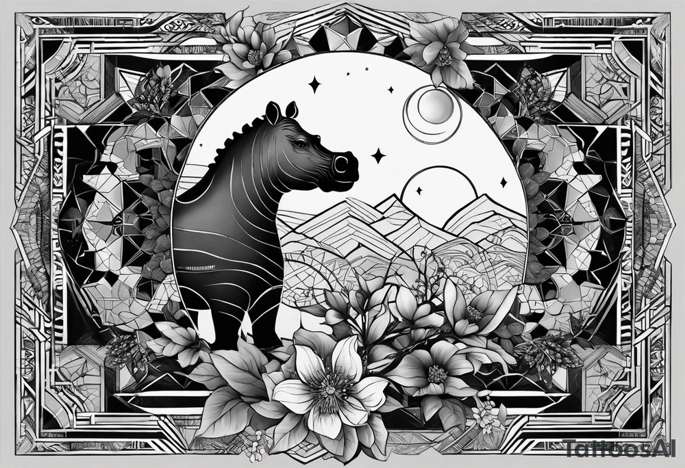 Very asymmetrical, +geometric pattern, with realistic full moon, with hippo,+tribal, +geometric, +inkart , +blackwork, +grey scale, + sketch
with wintersweet flower bud, +for men, detailed layering , modify from my favourites , tattoo idea