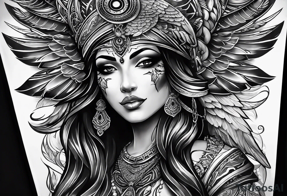 black kali, goddess pirate, alien, angel, pachamama, valkrye, warrior, flying, skull, lotus azul, wing, eagle, zenza resonance, stars, 5D, anahata chakra tattoo idea