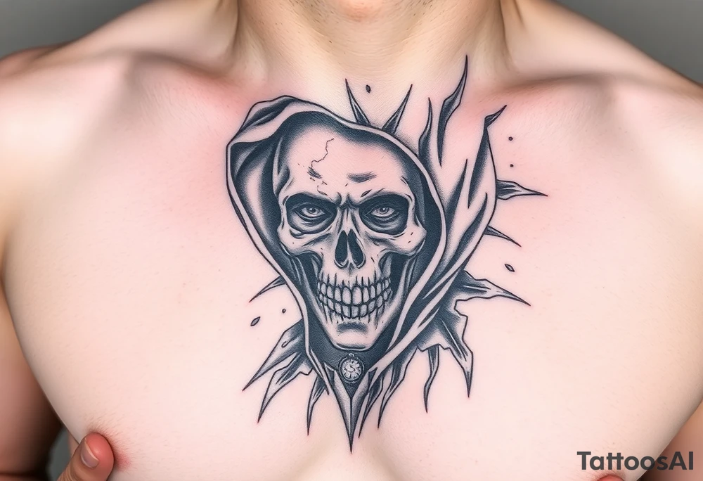 Un rostro masculino dividido en capas como una máscara que se rompe o se desvanece en viento o formas geométricas.

Dentro, se ve una calavera, un reloj o una brújula. tattoo idea