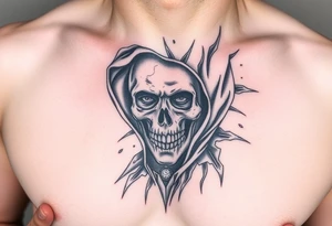 Un rostro masculino dividido en capas como una máscara que se rompe o se desvanece en viento o formas geométricas.

Dentro, se ve una calavera, un reloj o una brújula. tattoo idea