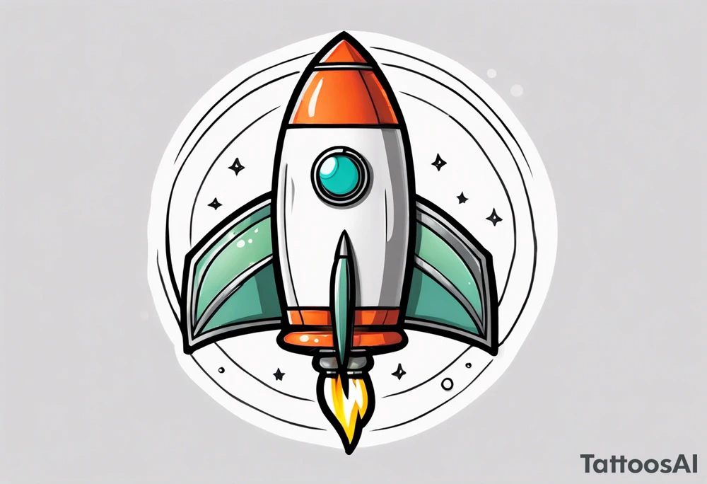 Super simple cartoon rocket ship with a round window, 3 fins, and fire coming out the bottom

Add some shading and detail to make less basic

Rocket should be green with gray accents tattoo idea