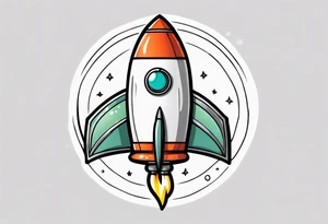 Super simple cartoon rocket ship with a round window, 3 fins, and fire coming out the bottom

Add some shading and detail to make less basic

Rocket should be green with gray accents tattoo idea