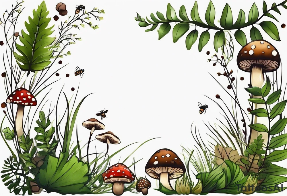 minimalistic forest floor inspired tattoo, which includes grass, moss, curly ferns and dead leaves as the bulk of the tattoo. details to include: forest berries, couple of very small brown mushrooms, a tiny bumblebee flying nearby tattoo idea