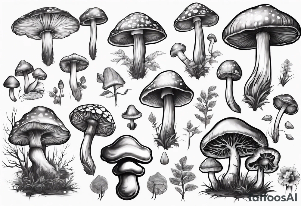 Magic mushroom growing form under a tree tattoo idea
