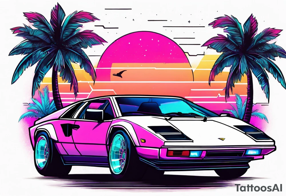 Synthwave tattoo with palm trees and an old lamborghini driving. tattoo idea