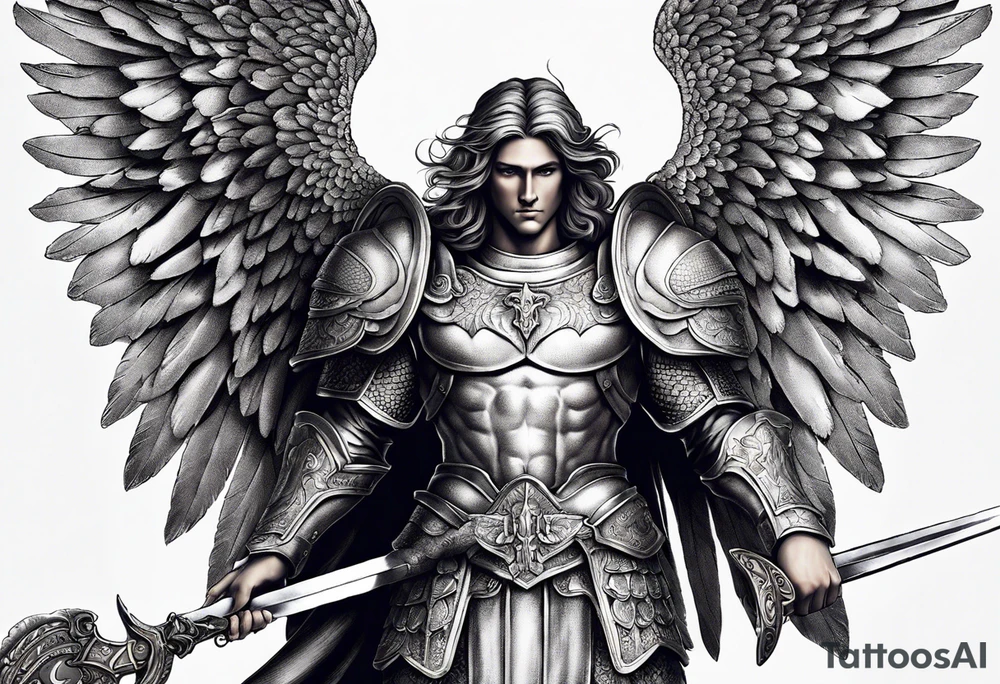 **Tattoo Design: Archangel Michael**

- **Central Theme**: Archangel Michael, majestic and powerful, stands ready with a raised sword, prepared to battle evil.
- **Appearance**: The figure of Archangel Michael depicted in full angelic armor, with majestic wings spread wide.
- **Expression**: His stance conveys strength, courage, and determination in defense of good.
- **Details**: Focus on intricate details such as facial features, armor embellishments, and the raised sword.
- **Background**: May be stylized as celestial, with rays of light or clouds, accentuating the divine presence of Archangel Michael.
- **Placement**: Intended for placement on the chosen body area, with the option to adjust the size according to personal preferences. tattoo idea