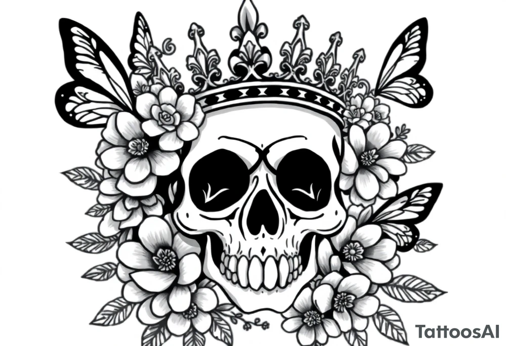 ornate skull adorned with gothic crown surrounded by boho flowers and butterflies tattoo idea