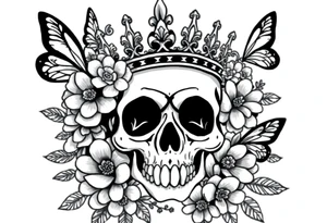 ornate skull adorned with gothic crown surrounded by boho flowers and butterflies tattoo idea